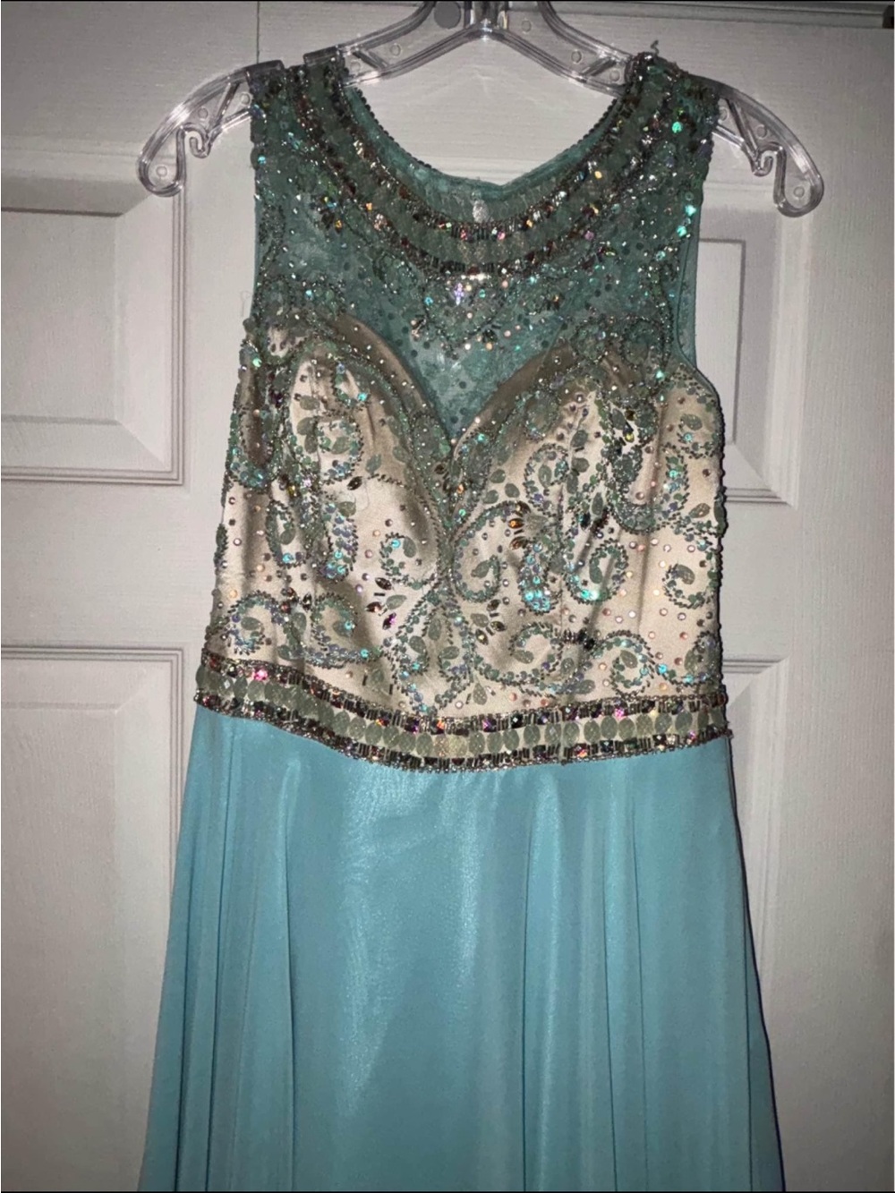 Beaded Aqua and Ivory Prom Dress with Sheer Embellished Bodice altered to size 4